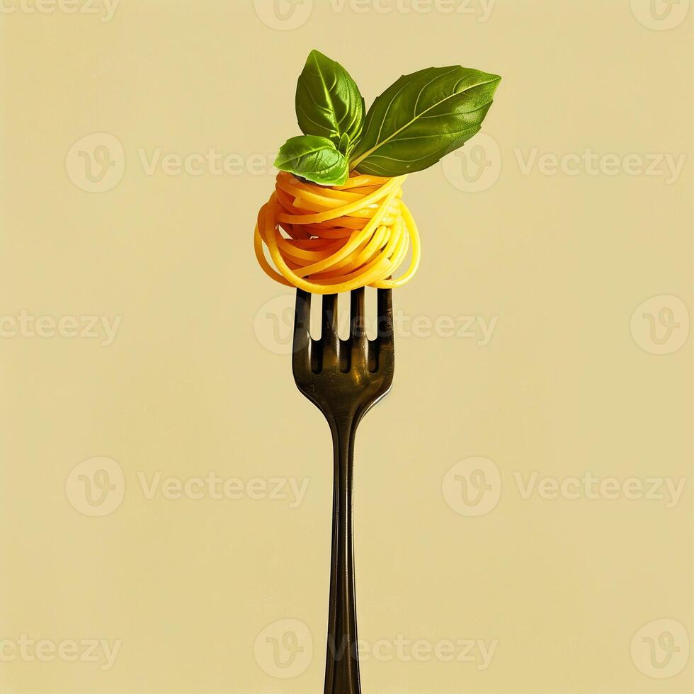 A fork with spaghetti and basil on a beige background. photo