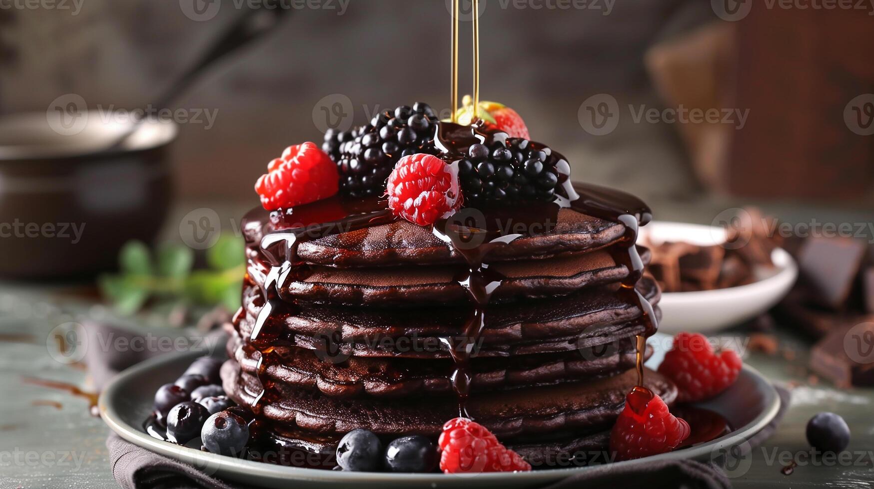 A stack of chocolate pancakes drizzled with maple syrup and fresh berries photo