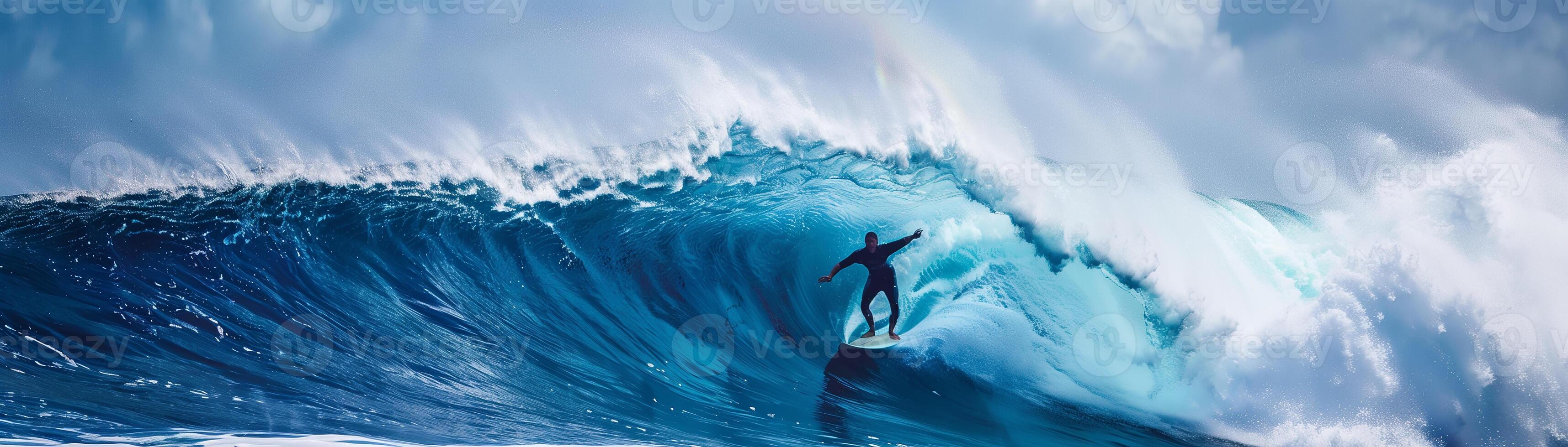 Surfer catching a wave, spray and foam highlighting the action photo