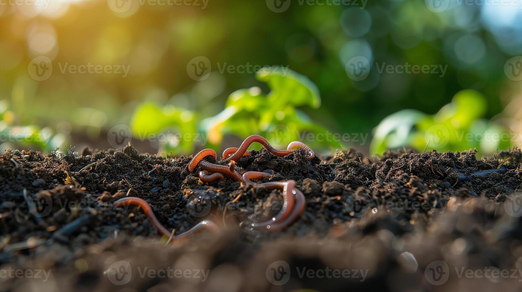 A close-up of healthy soil with worms crawling through it, symbolizing the benefits of plant-based food for the environment photo
