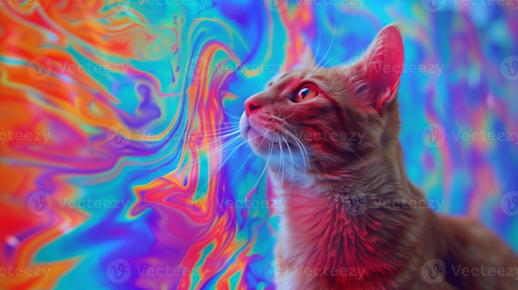 A close-up shot of a confused cat looking at a screen displaying abstract AI-generated art photo
