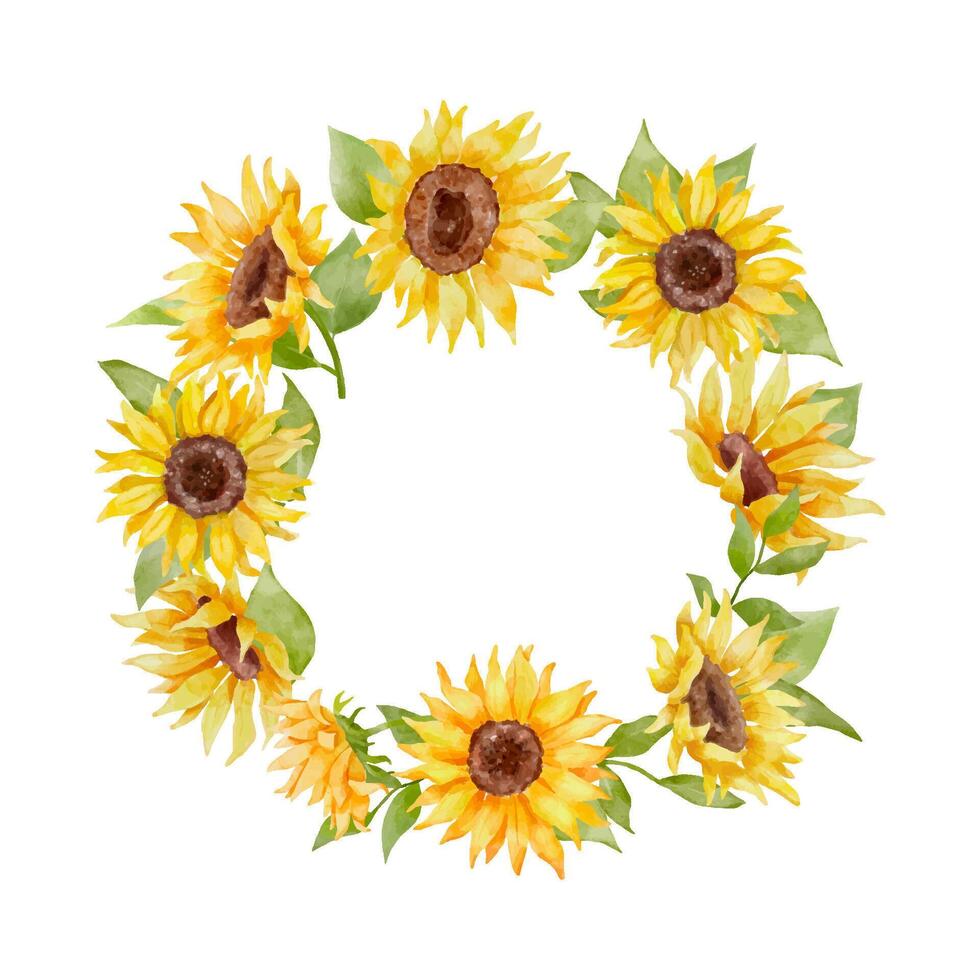 Watercolor sunflowers wreath. Colorful botanical hand drawn round floral frame isolated on white background vector