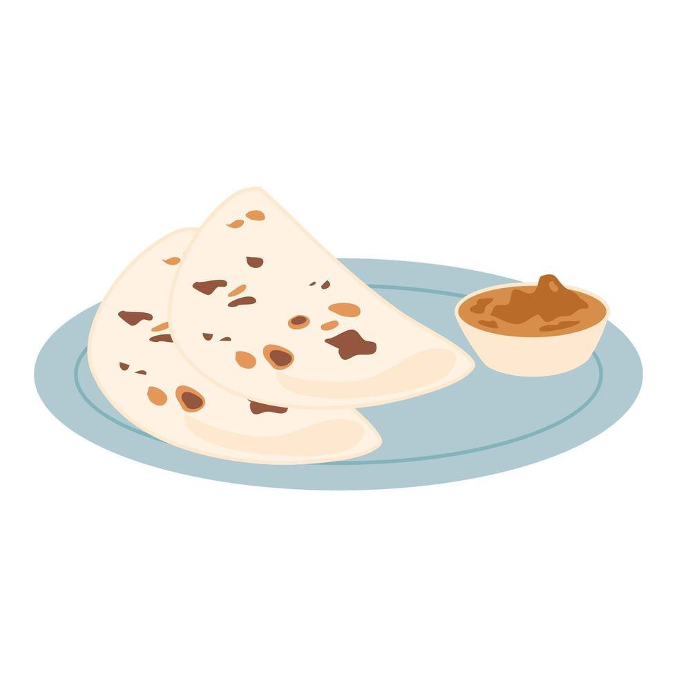 Roti Parata or Roti canai with lamb curry sauce - popular Malaysian breakfast vector