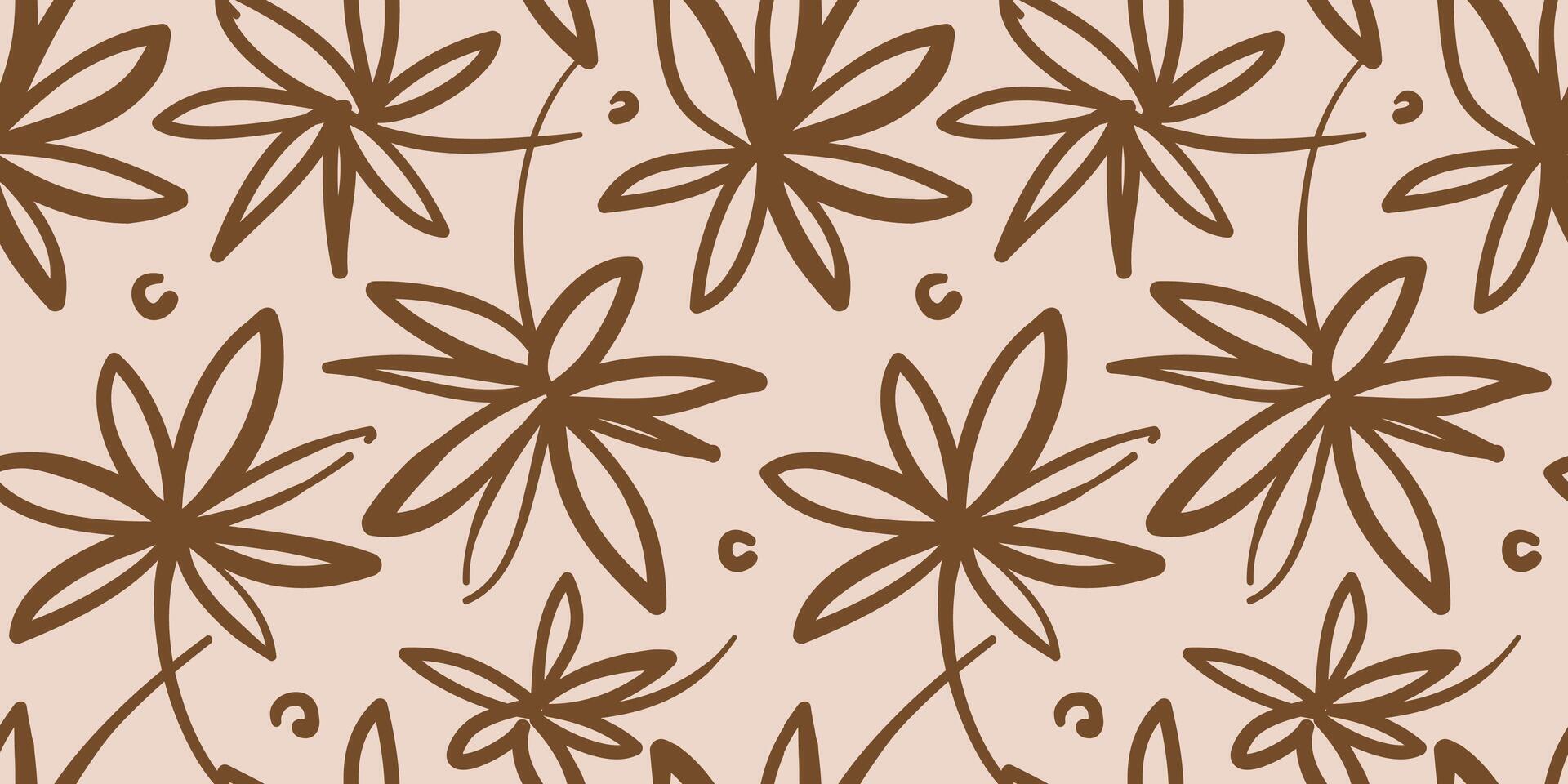 Abstract contemporary seamless pattern with hand drawn flower shapes, spots, dots and lines with textures. Vibrant boho print. Modern vector