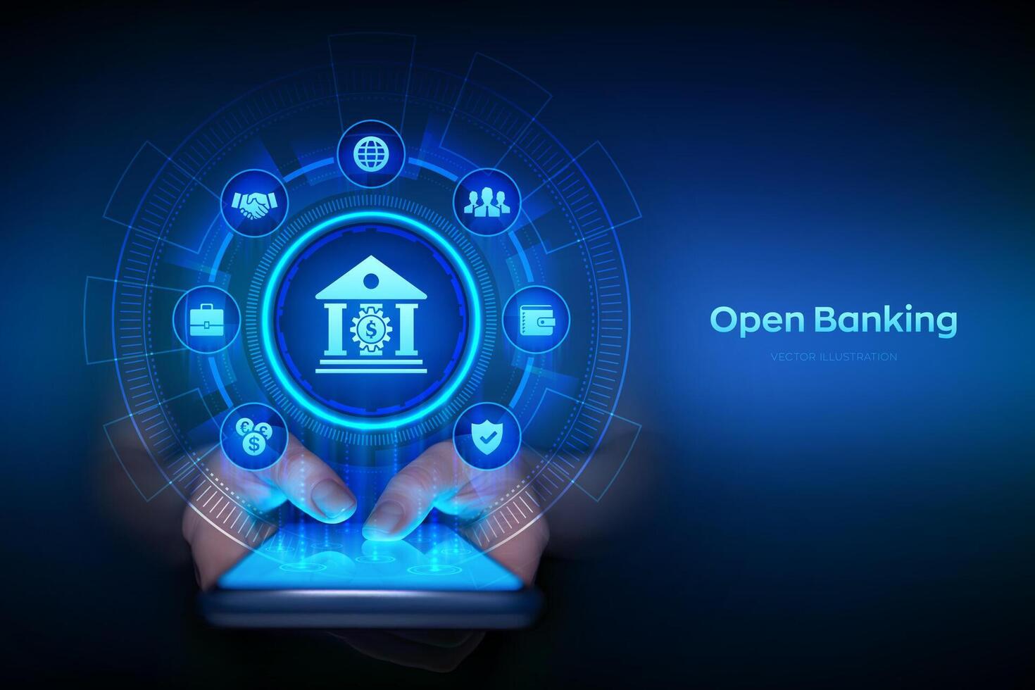 Open banking. Banking service. API financial technology. Fintech concept on virtual screen. Smartphone in hands. Using smartphone. illustration. vector