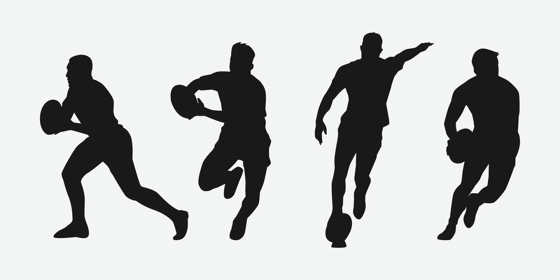 set of silhouettes of male rugby athlete with different pose, gesture. isolated on white background. graphic illustration. vector