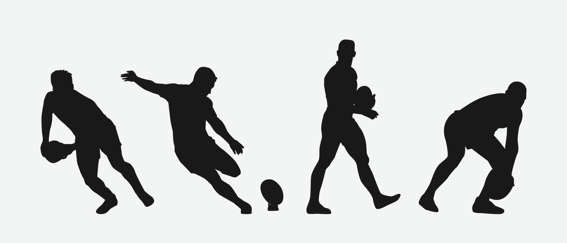 set of silhouettes of male rugby athlete with different pose, gesture. isolated on white background. graphic illustration. vector