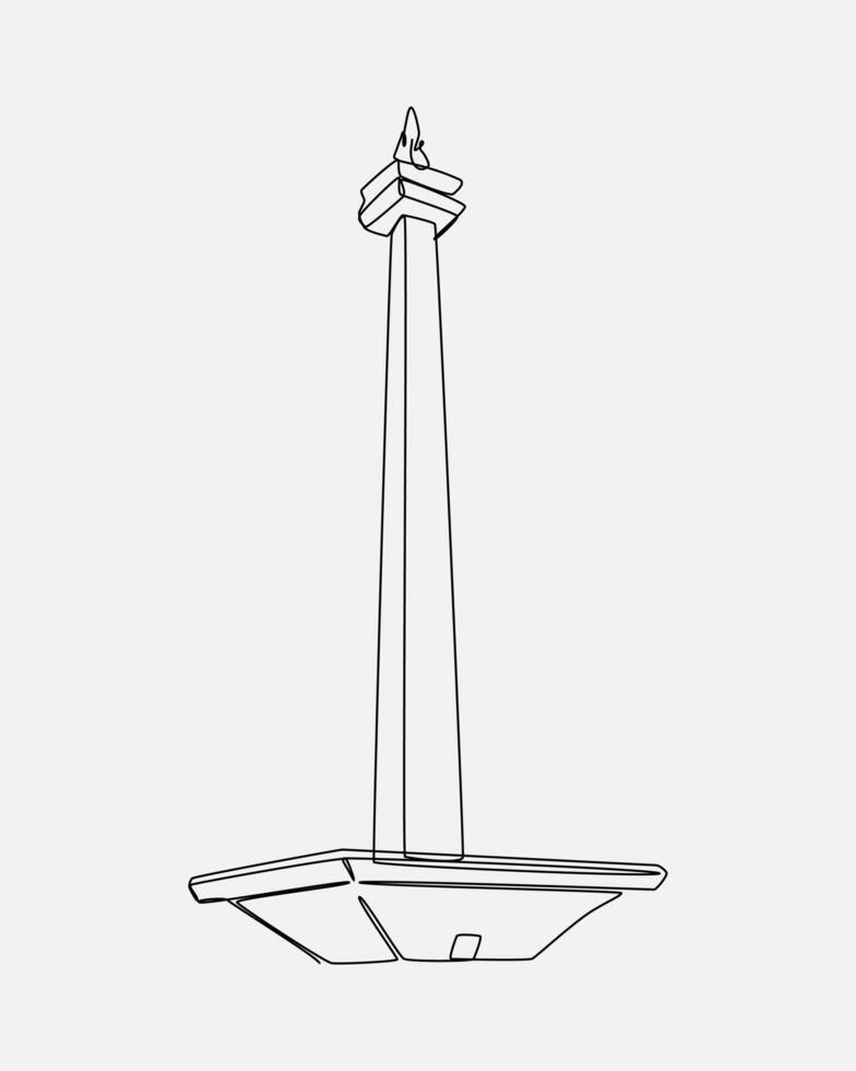 Continuous one single line drawing of Monas. Monumen Nasional, iconic building from Jakarta, Indonesia. Editable stroke. Isolated background graphic illustration. vector