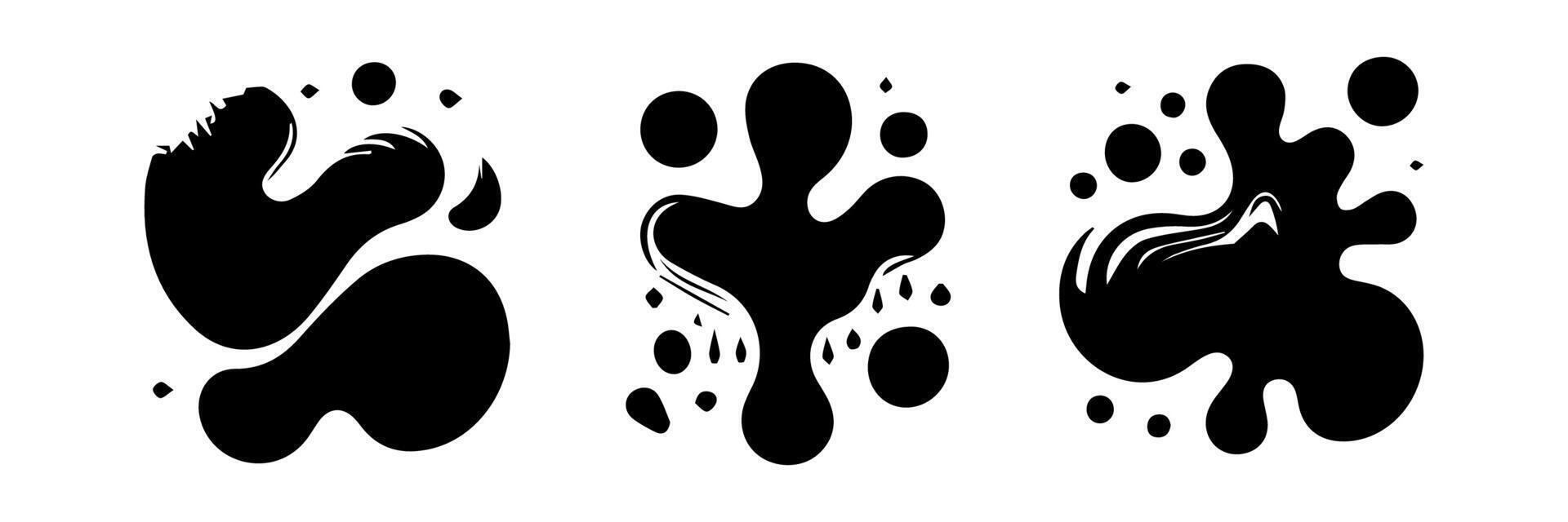 Black Liquid shapes, frames with uneven wavy edge set, collection. Water, fluid, paint, milk puddle, stain, rounded blot with splashes, drops, blobs, droplets. Design elements, backgrounds for text. vector