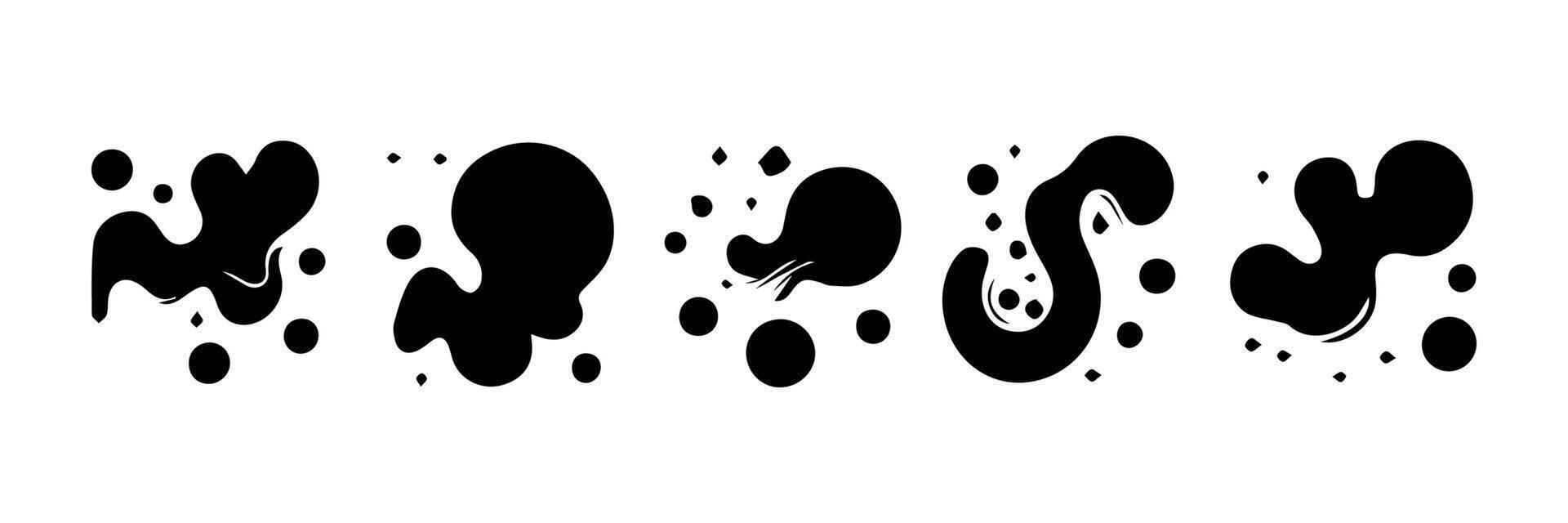Black Liquid shapes, frames with uneven wavy edge set, collection. Water, fluid, paint, milk puddle, stain, rounded blot with splashes, drops, blobs, droplets. Design elements, backgrounds for text. vector