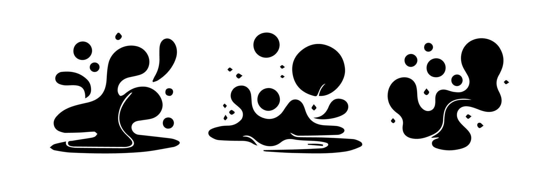 Black Liquid shapes, frames with uneven wavy edge set, collection. Water, fluid, paint, milk puddle, stain, rounded blot with splashes, drops, blobs, droplets. Design elements, backgrounds for text. vector