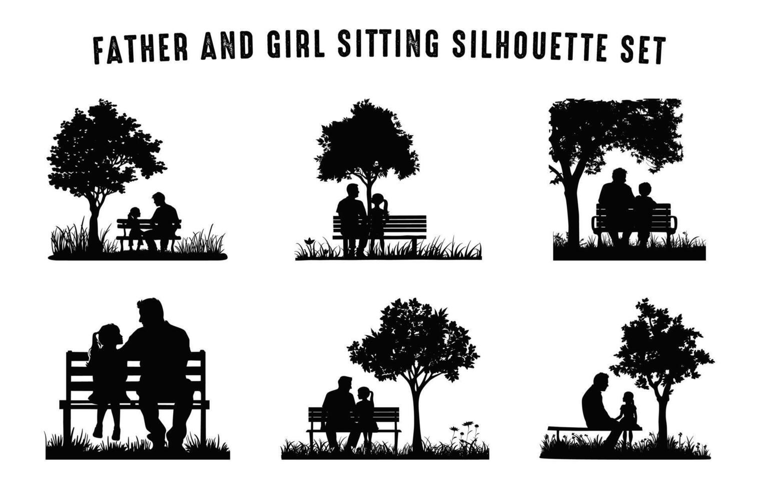 Father and daughter Sitting on a Bench under tree black Silhouette Set vector