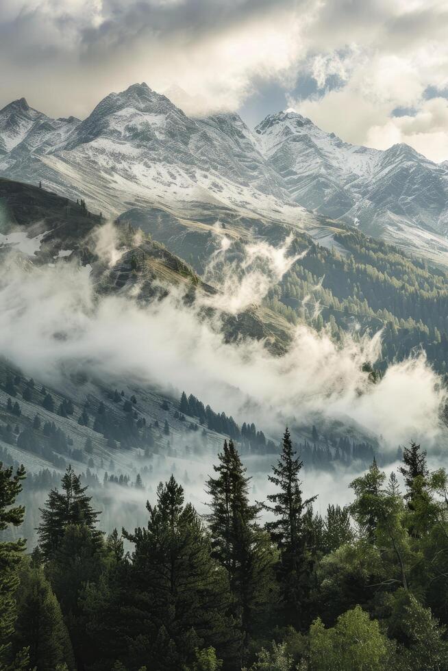 Landscape with clouds in the mountains. Hilly view with trees. Good for background, poster, cover photo