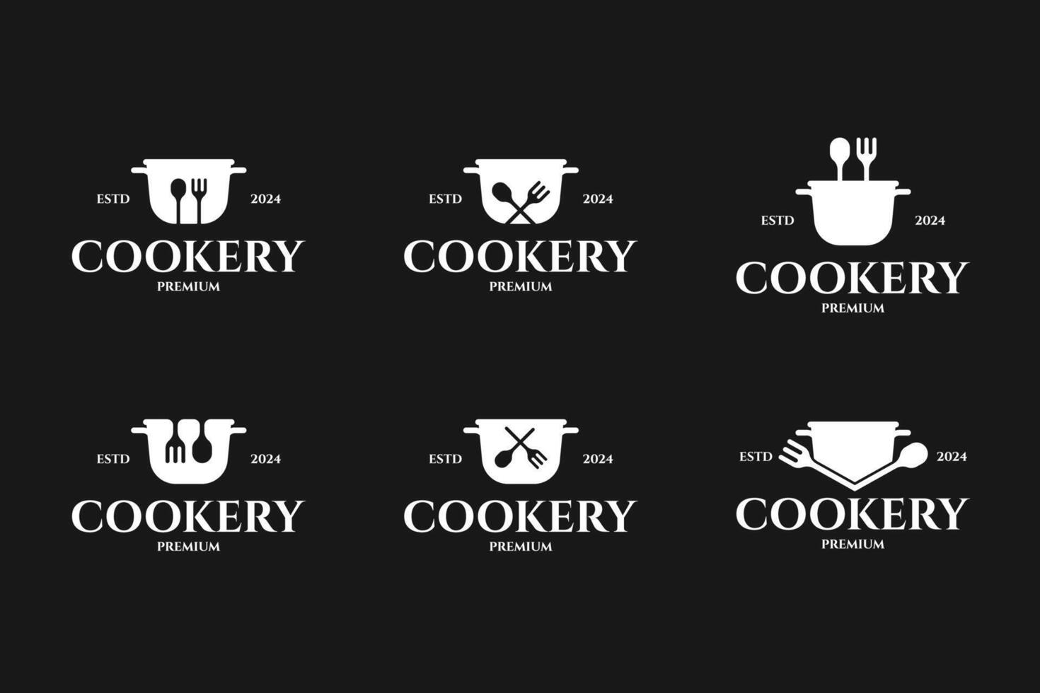 Stew pan with fork spoon logo design for cooking, cuisine, cookery template illustration idea vector