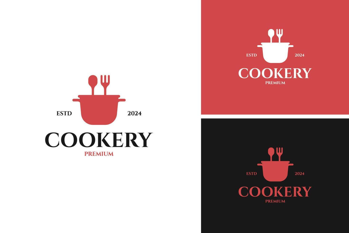 Stew pan with fork spoon logo design for cooking, cuisine, cookery template illustration idea vector