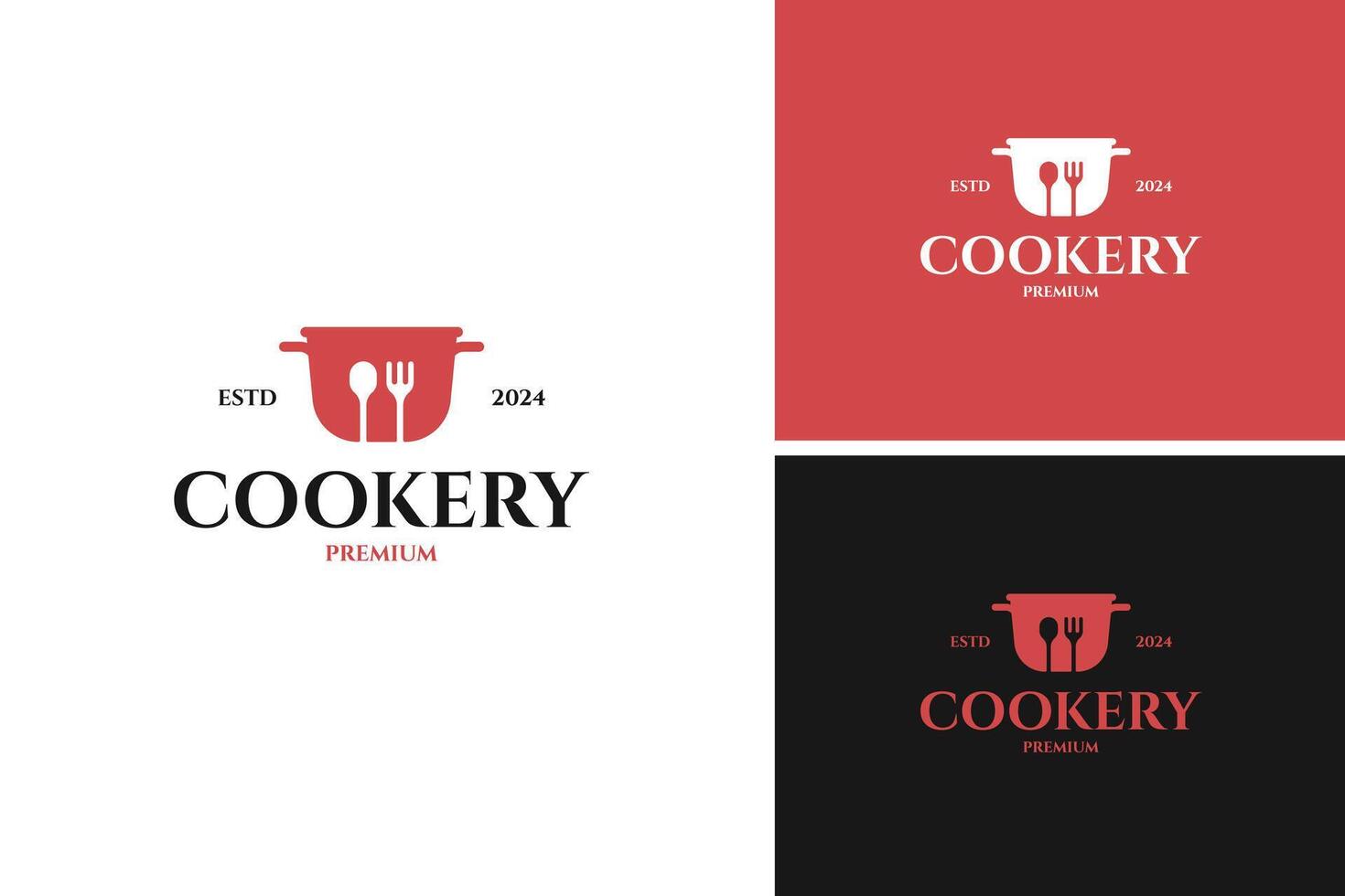 Stew pan with fork spoon logo design for cooking, cuisine, cookery template illustration idea vector