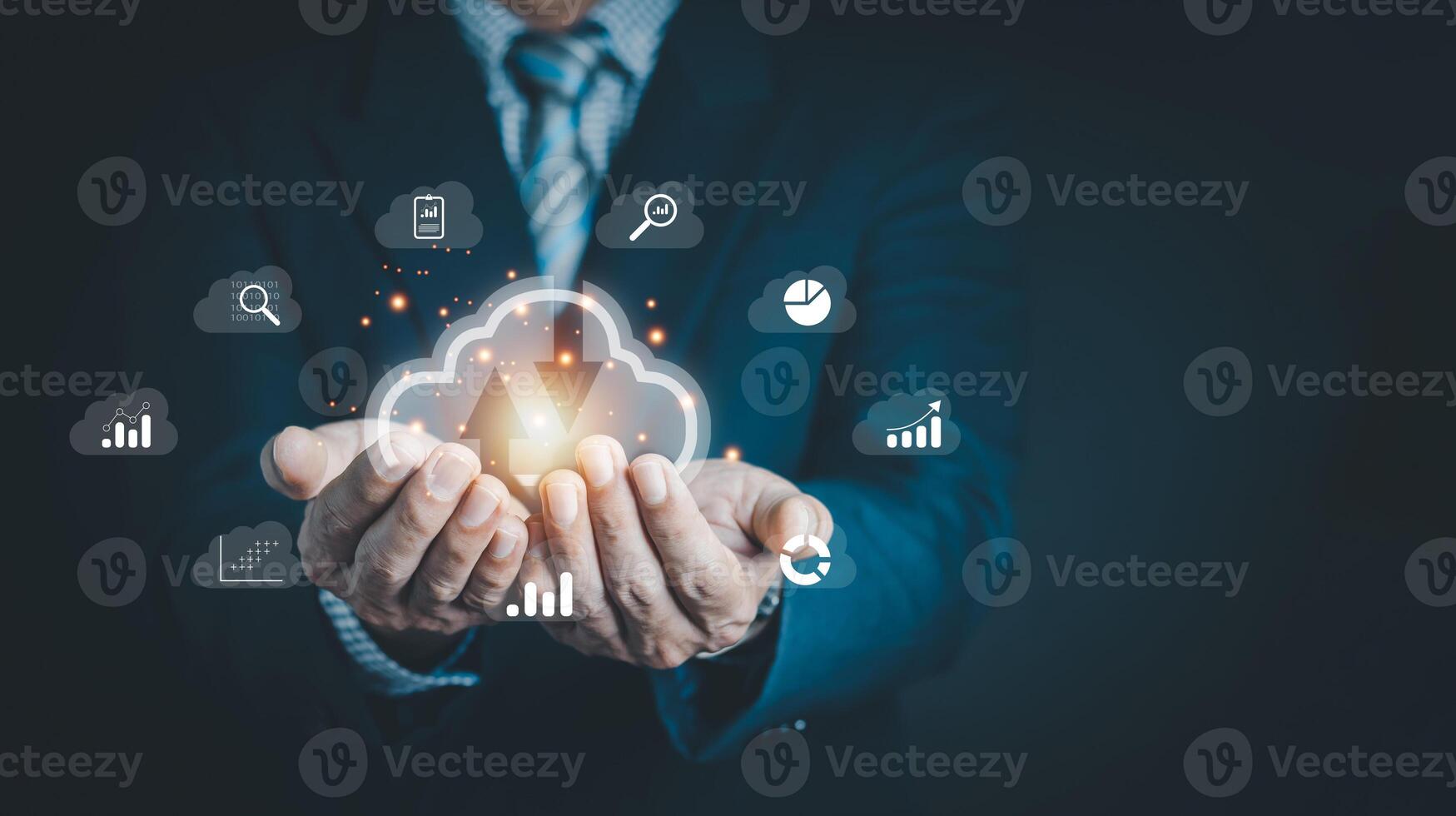 Businessman hand holding Cloud computing technology internet storage network. Cloud service, Cloud technology, and Cloud storage Concept. photo