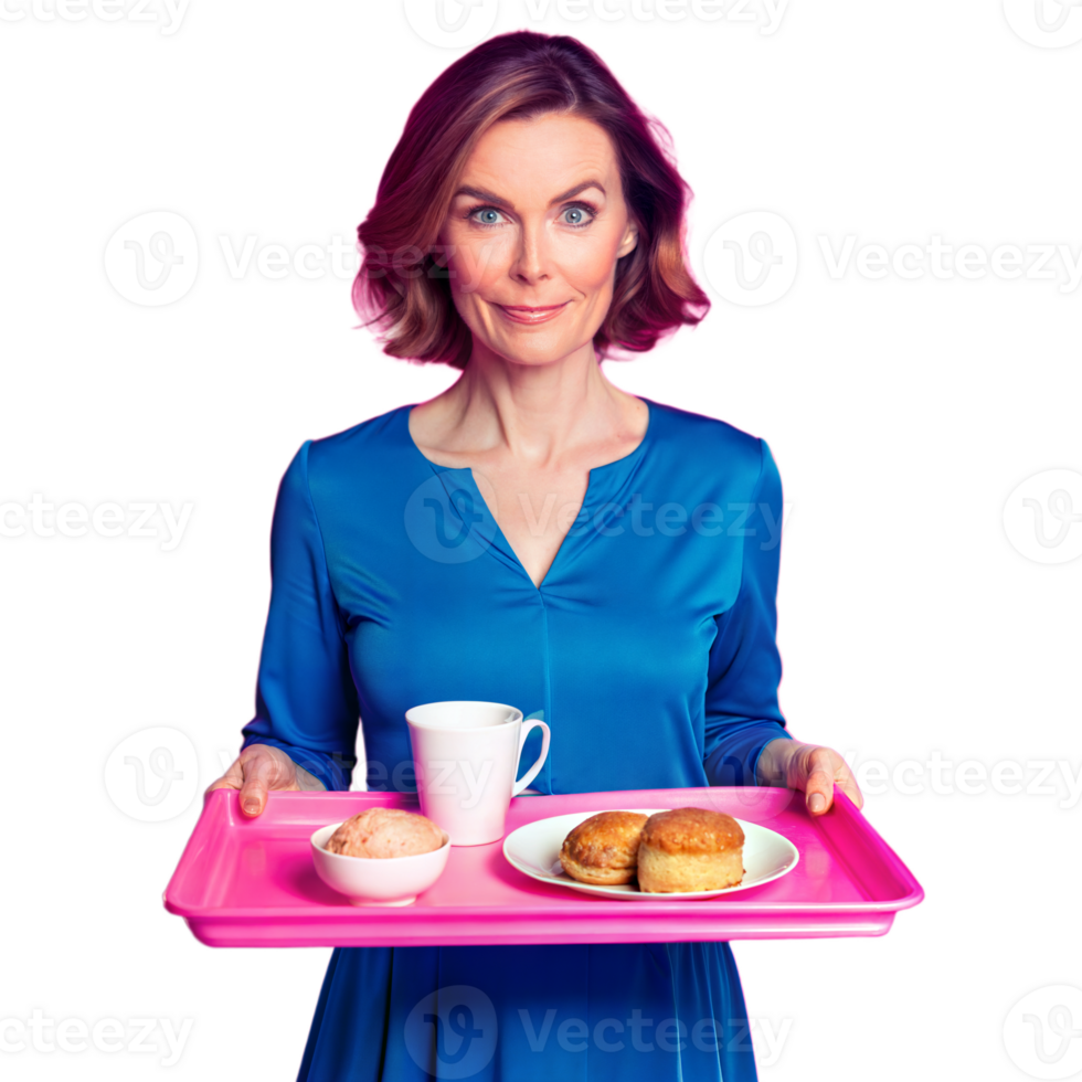 Smiling woman holding breakfast tray with coffee and scones png