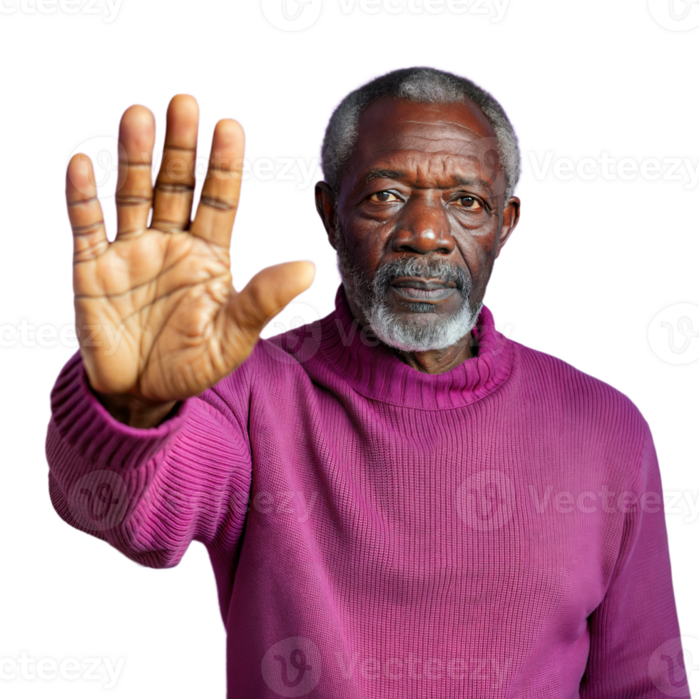 Elderly man making stop gesture with hand on transparent background png