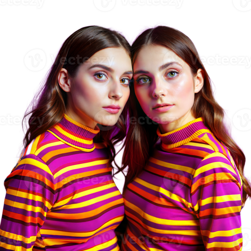 Twin sisters wearing colorful striped shirts on transparent background png
