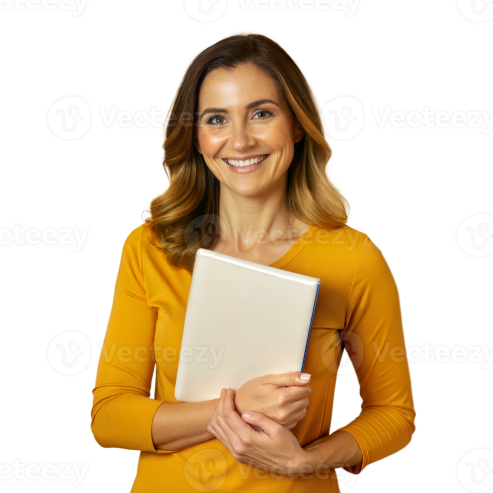 Smiling woman holding a tablet on a transparent background png