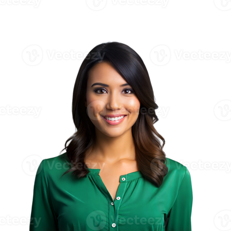 Smiling woman in green shirt on transparent background headshot png