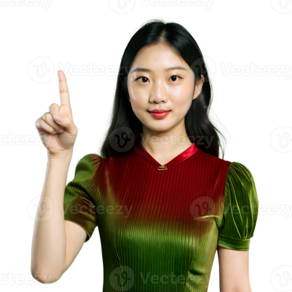 Young woman making a point with finger on transparent background png