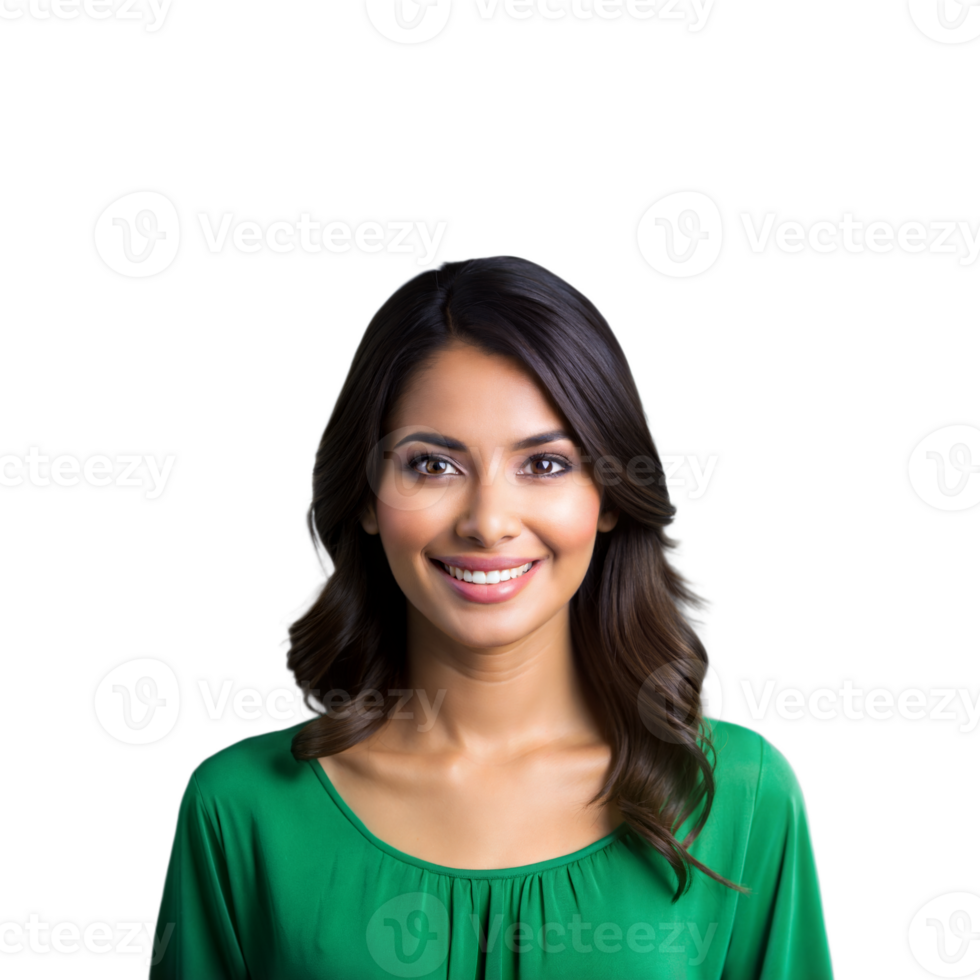 Smiling woman with green shirt on transparent background png