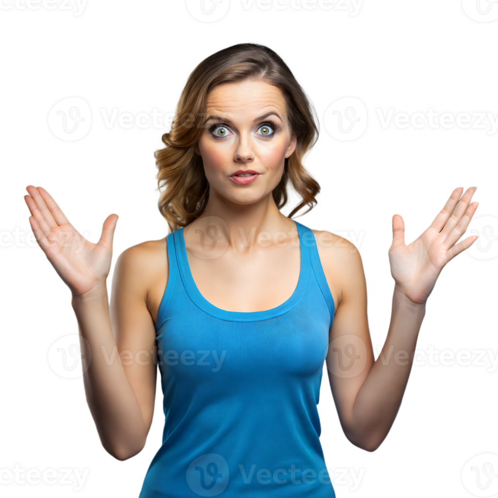 Surprised woman with raised arms on transparent background png