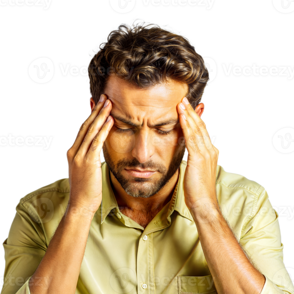 Stressed man with headache on transparent background png