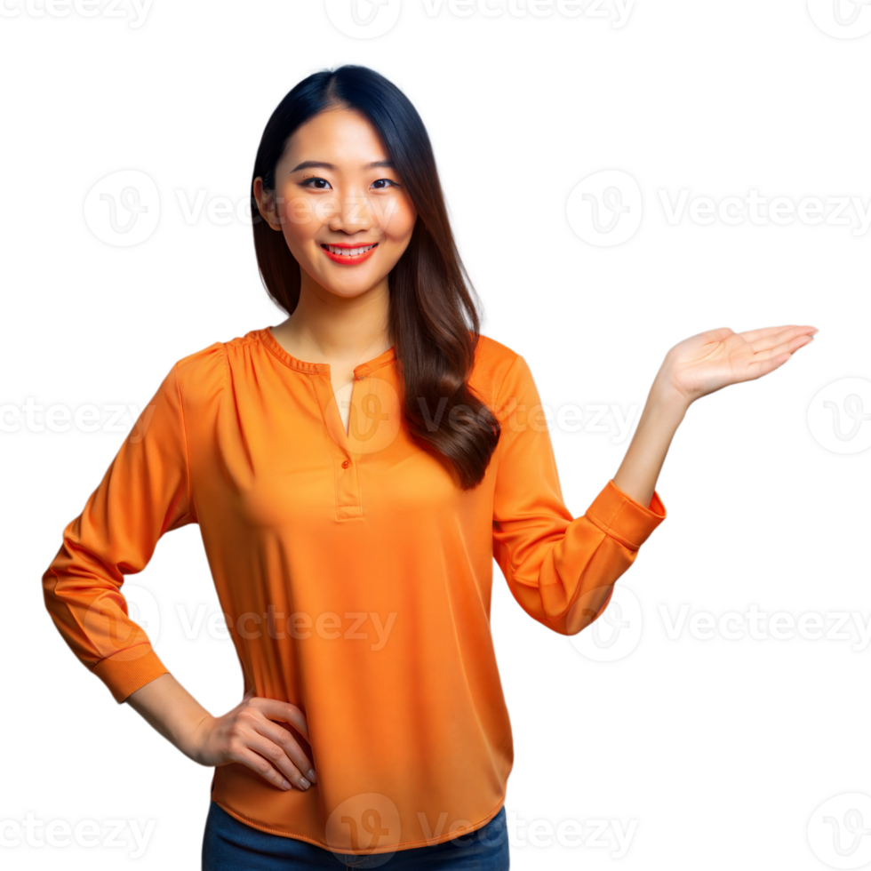 Smiling woman presenting with hand on transparent background png