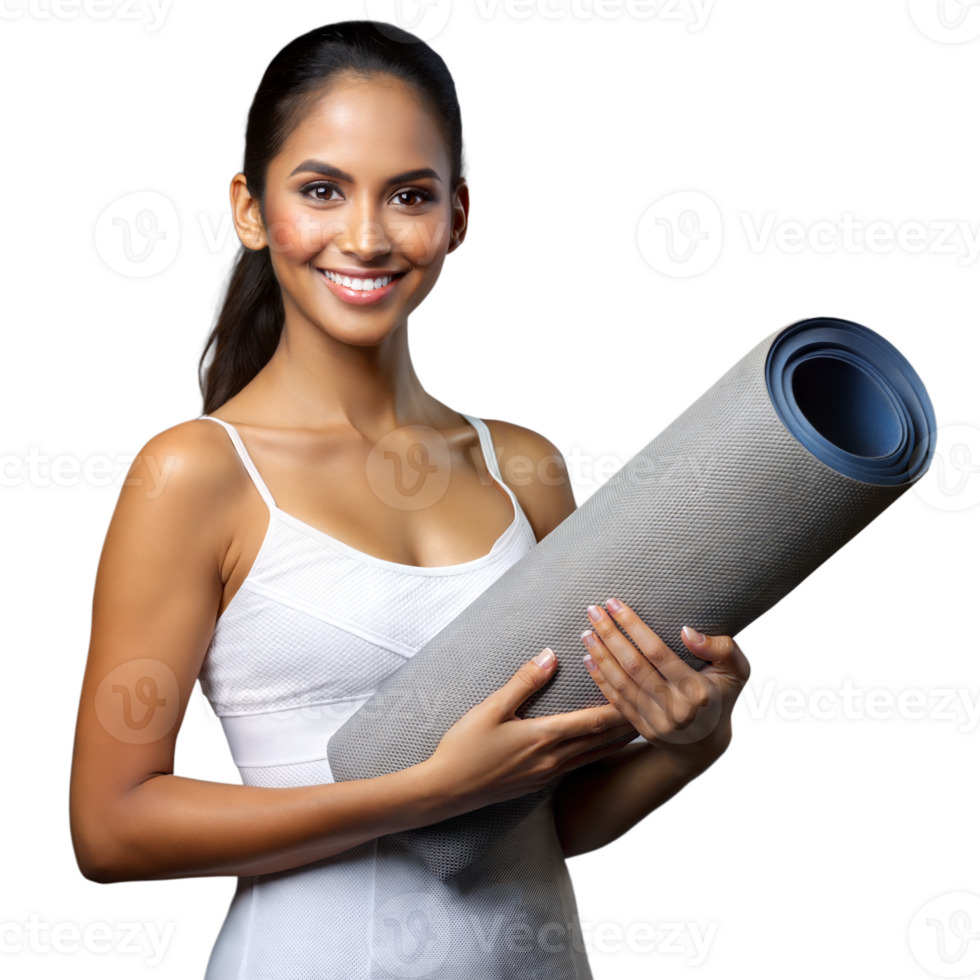 Woman smiling while holding a yoga mat on transparent background png