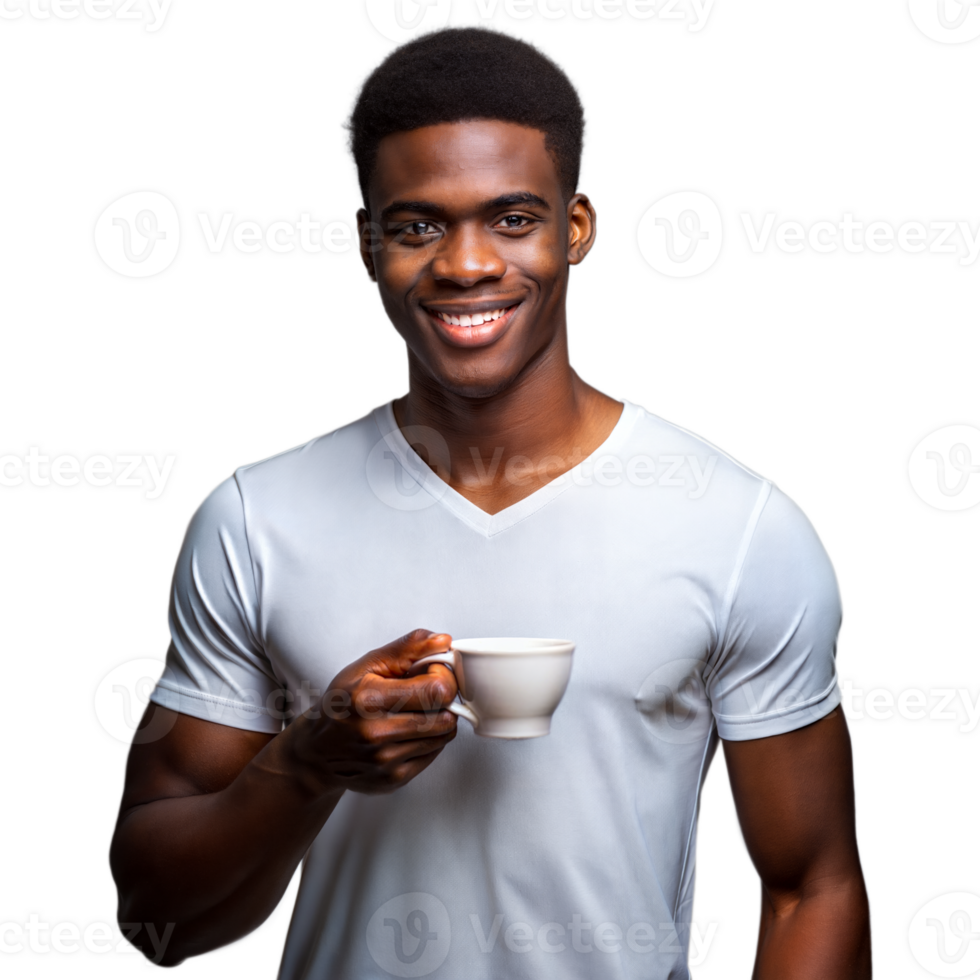 Man smiling while holding a coffee cup on transparent background png