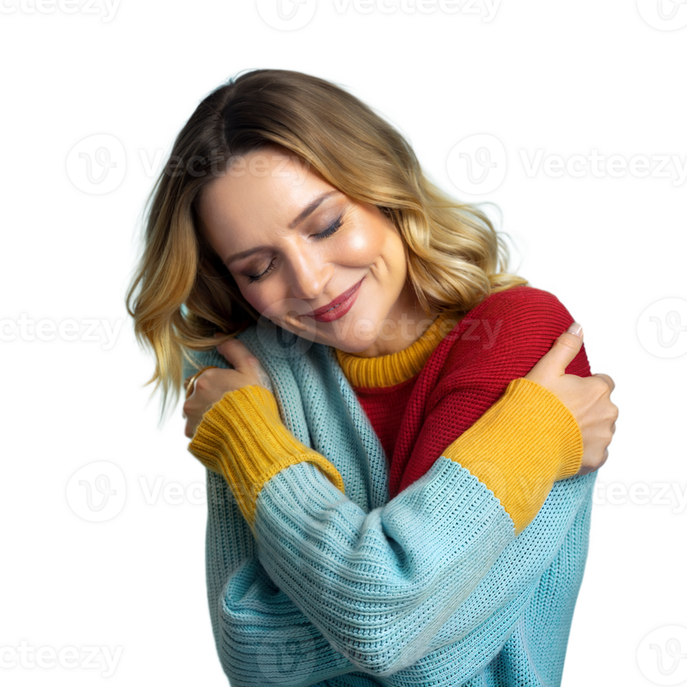 Woman hugging herself, feeling happy and relaxed on a transparent background png