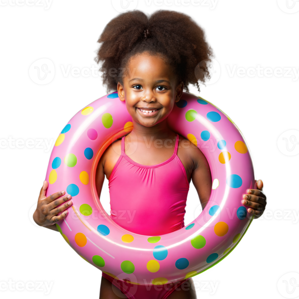 Smiling girl with float ring ready for swimming fun png