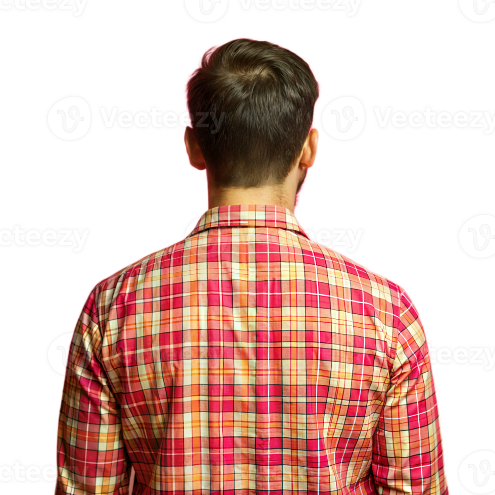 Man in checkered shirt facing away on transparent background png