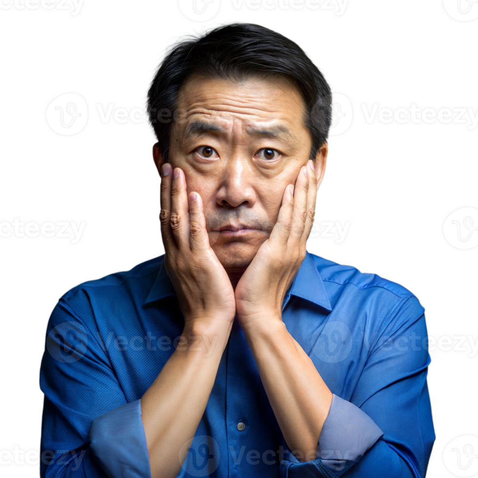Concerned man in blue shirt with hands on face on transparent background png