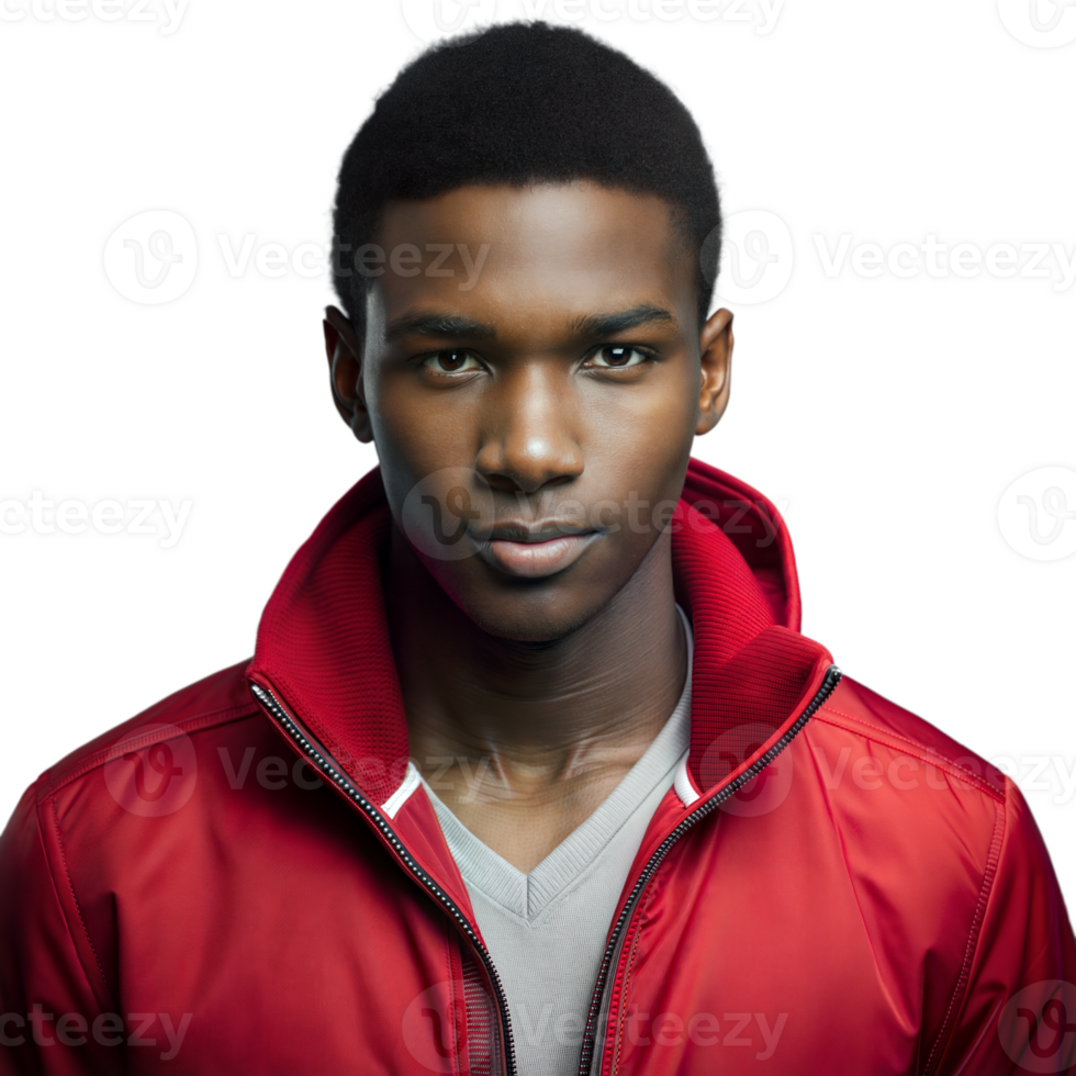 Confident young man in red jacket on transparent background png