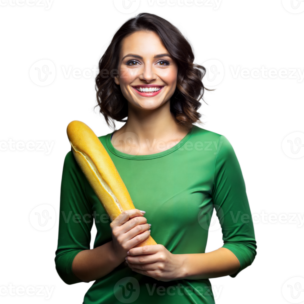 Happy woman holding a baguette on transparent background png