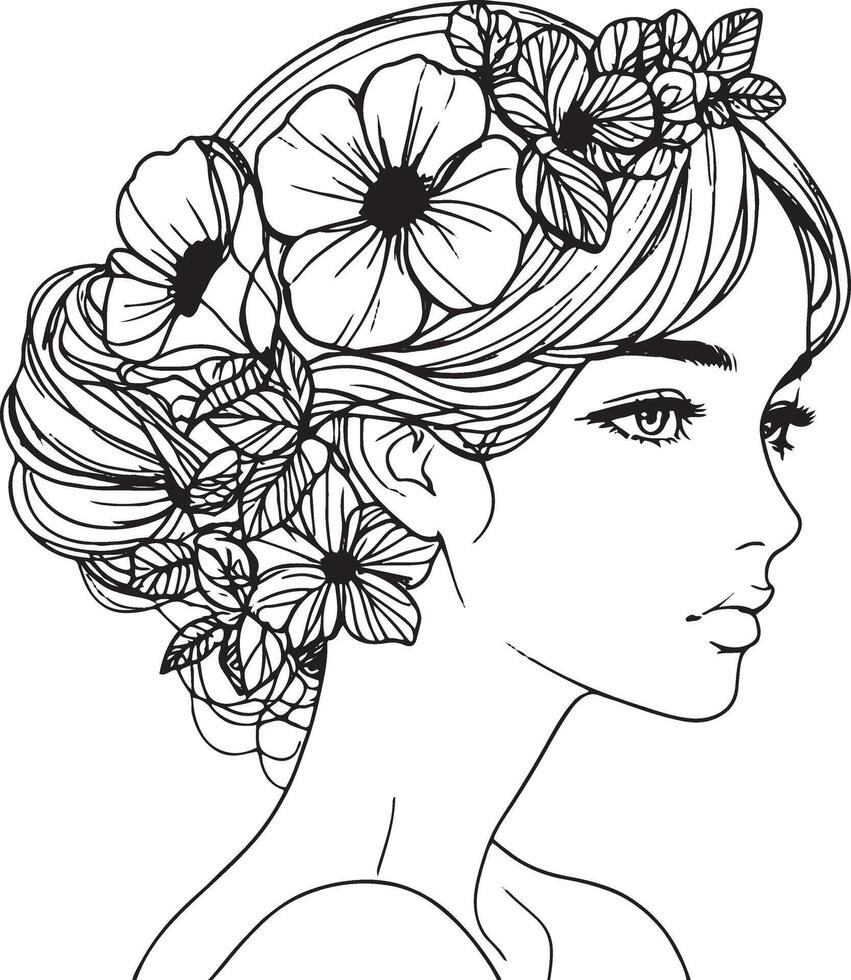 Soft black lines, white backdrop, boho style, modern linear minimalistic picture, young woman, flowers in hair vector
