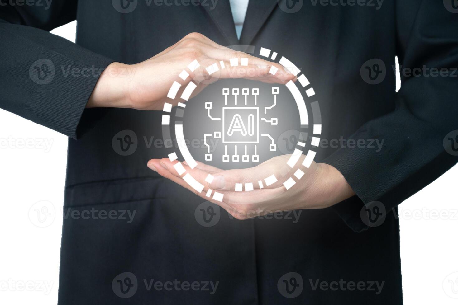 Business person showing hands gesture with AI icon. Artificial intelligence has become a critical technology in today's world and how it's transforming the way we think and live. photo