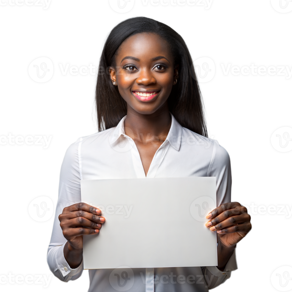 Smiling woman holding blank sign on transparent background png