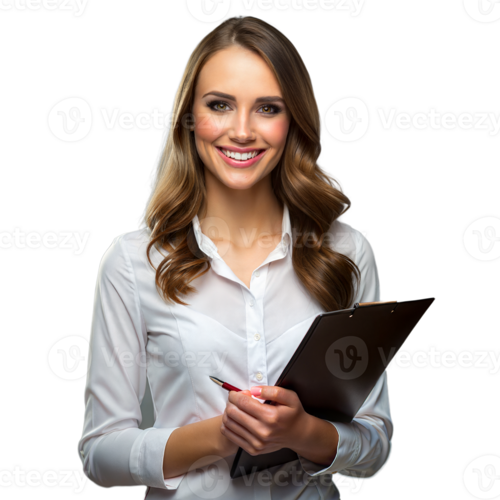 Smiling businesswoman holding clipboard on transparent background png