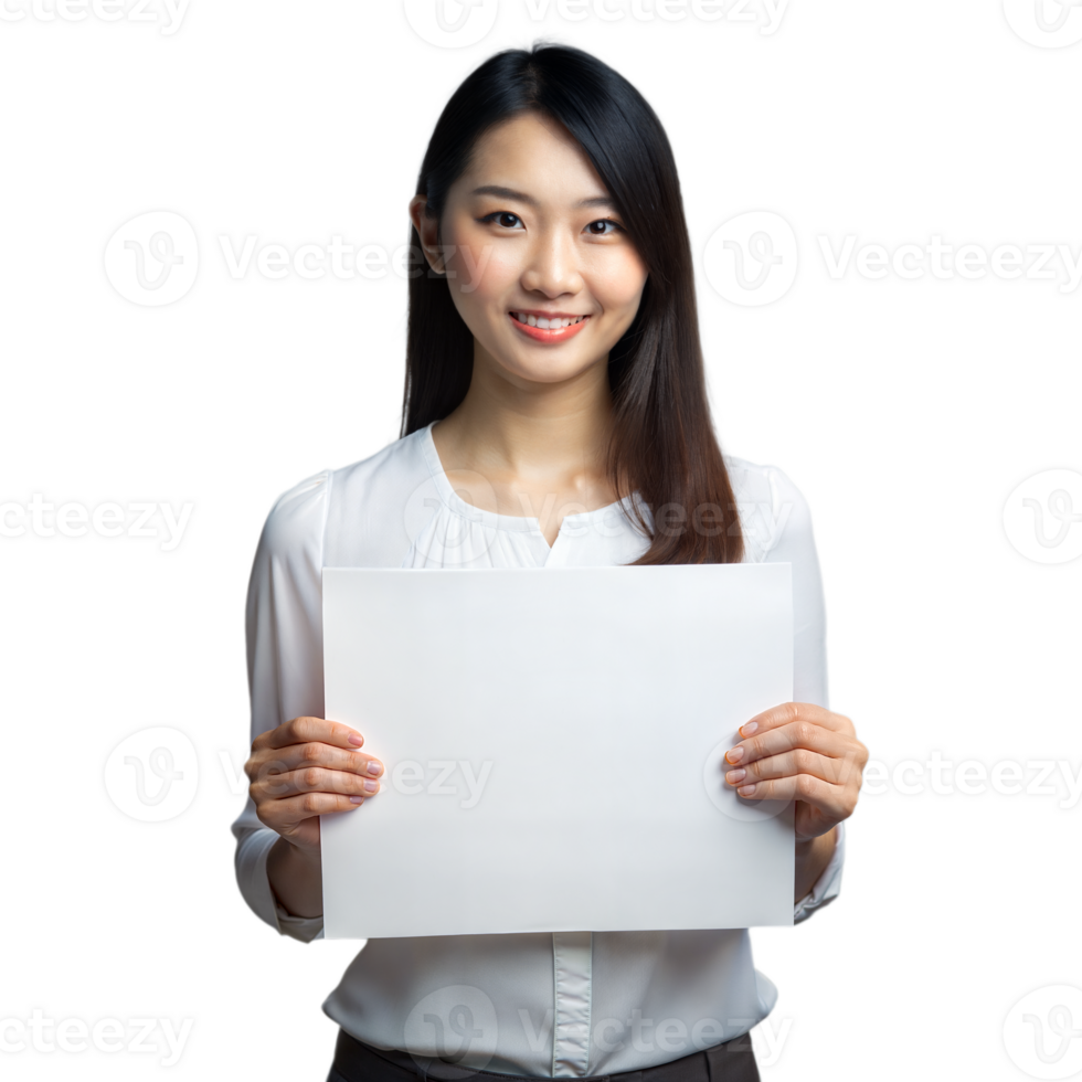 Young woman holding blank sign with transparent background png