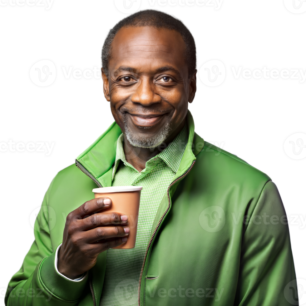 Smiling man in green jacket holding a coffee cup on transparent background png