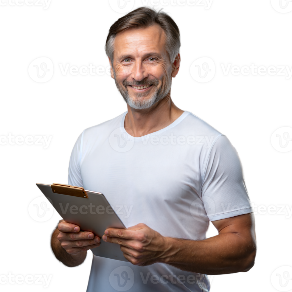 Smiling mature man with clipboard on transparent background png