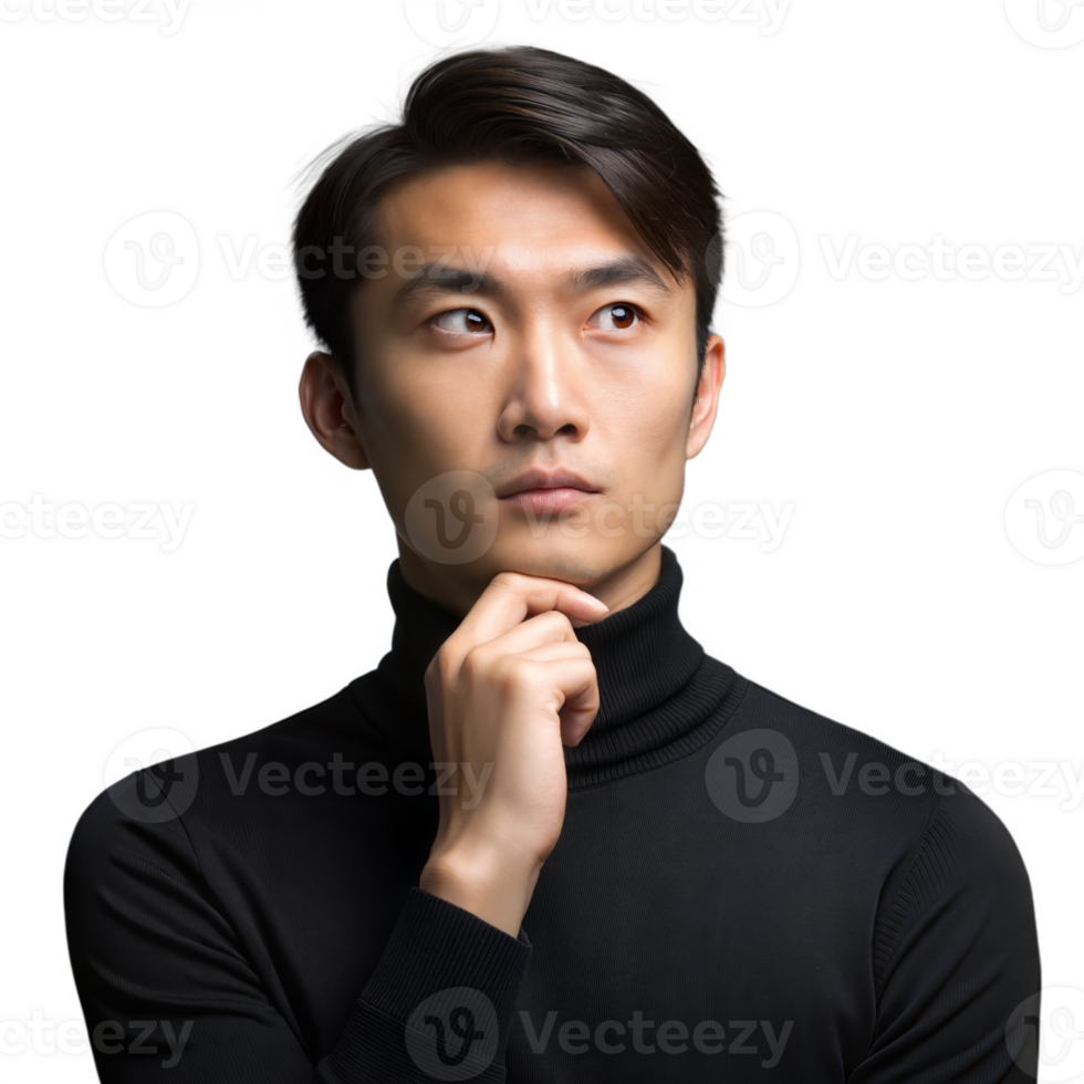 Thoughtful young man in black turtleneck on transparent background png