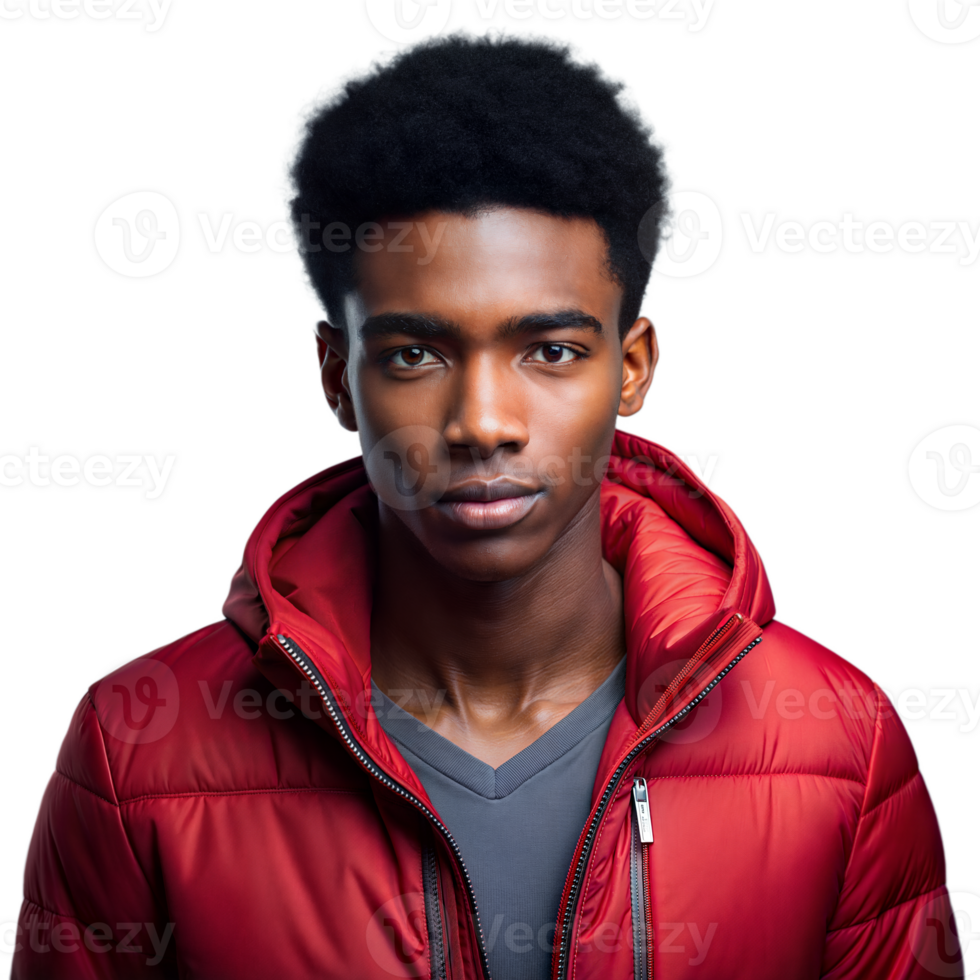 Confident young man wearing a red jacket on transparent background png