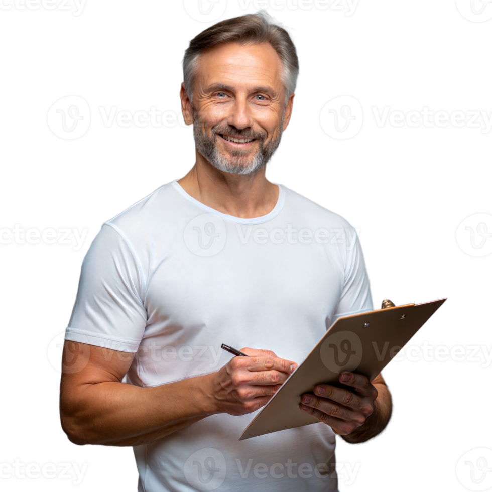 Smiling man writing on clipboard with transparent background png