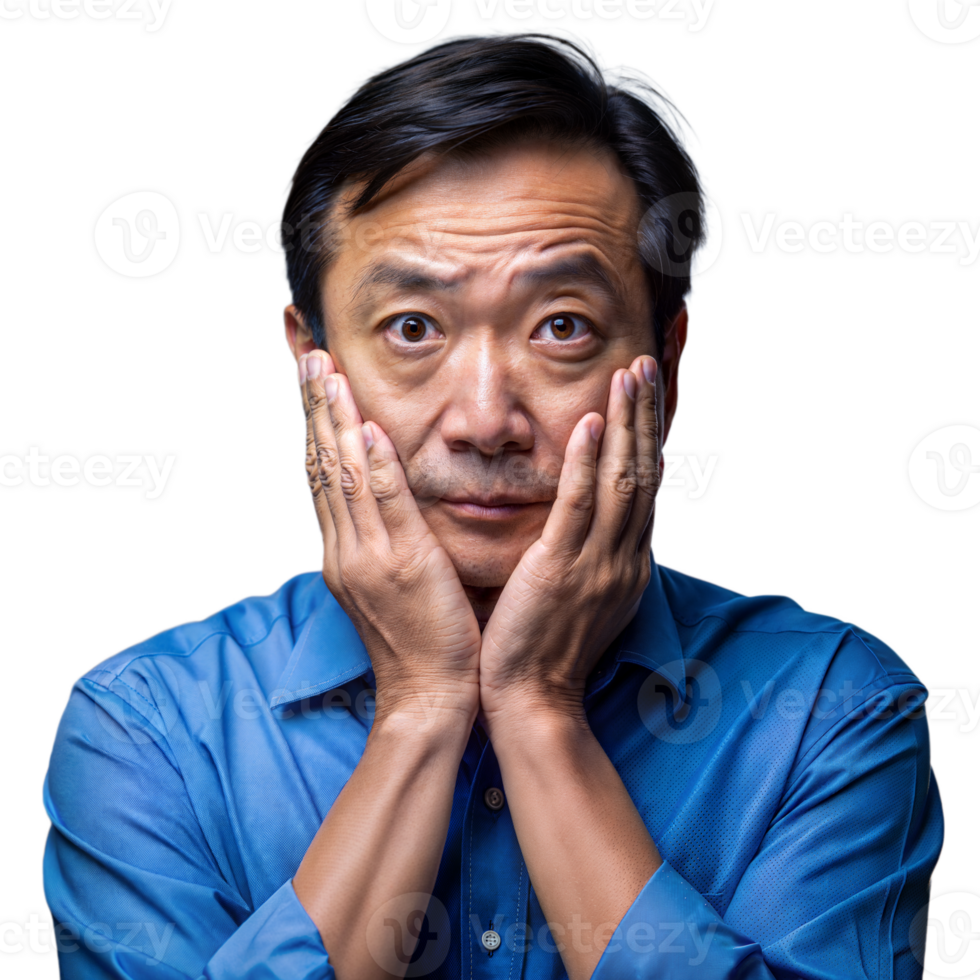 Man holding face in hands with surprised expression on transparent background png